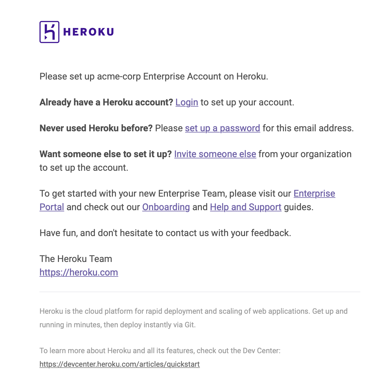 Screenshot of Enterprise Account setup email