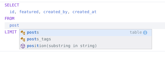 Screenshot of autocomplete offering options inside the query editor