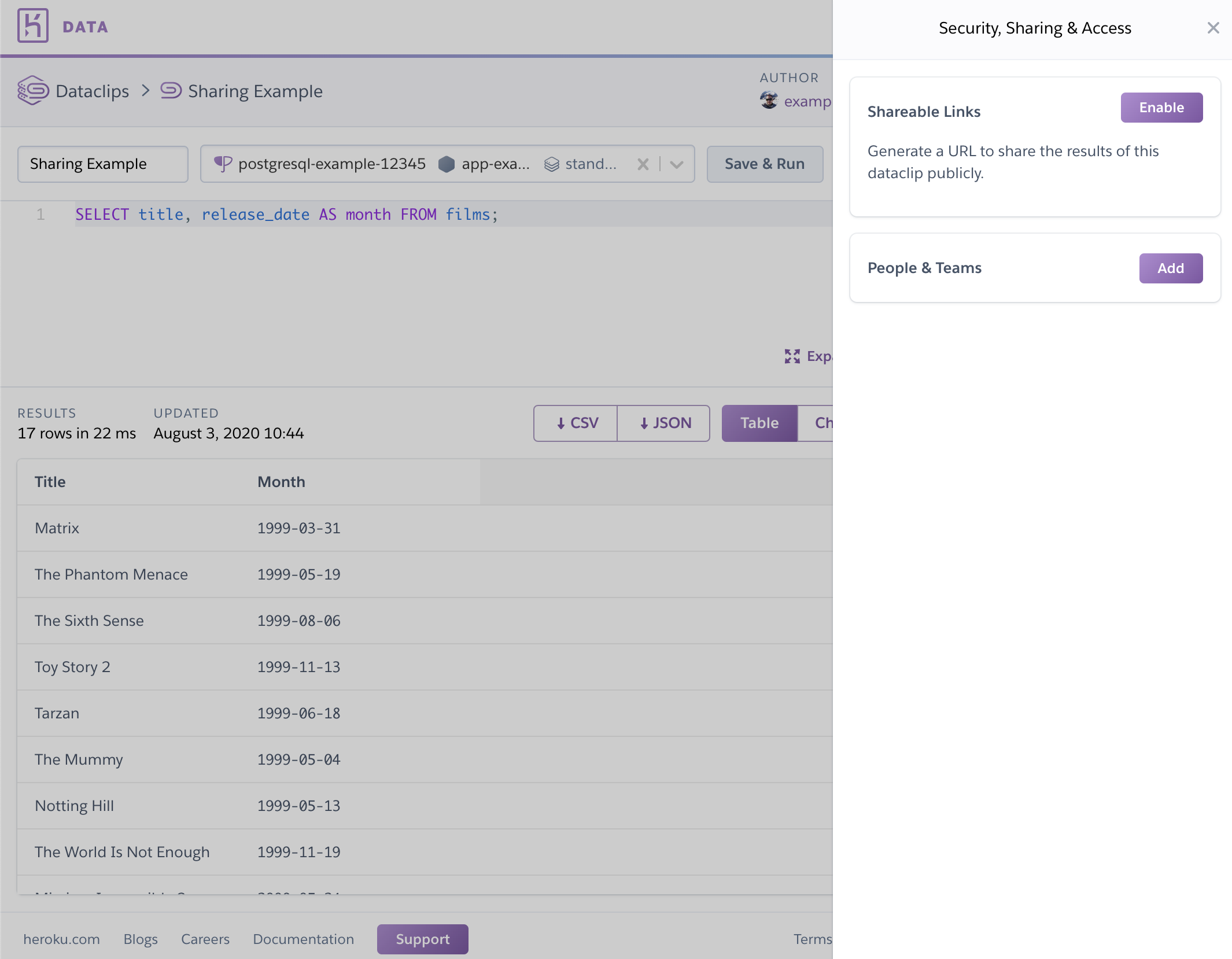 Screenshot of data.heroku.com with the Dataclip sharing flyout visible