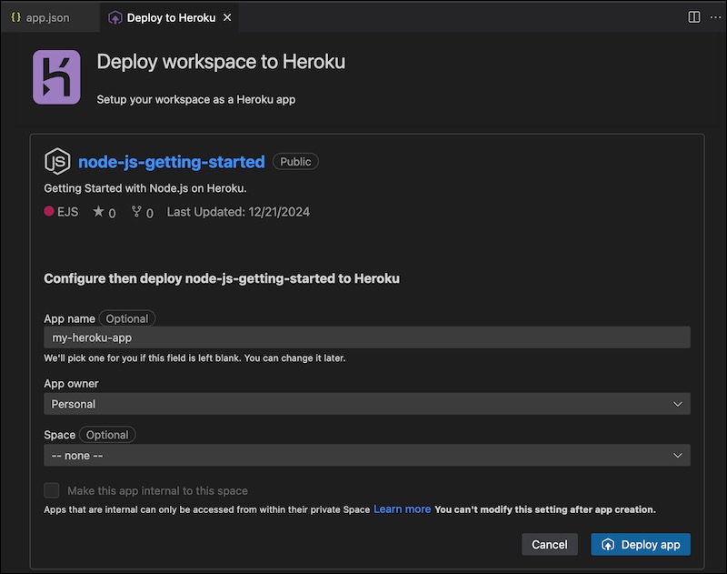 Deploy to Heroku configuration in Heroku extension