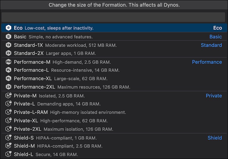 Change dyno sizes in Heroku Resource Explorer