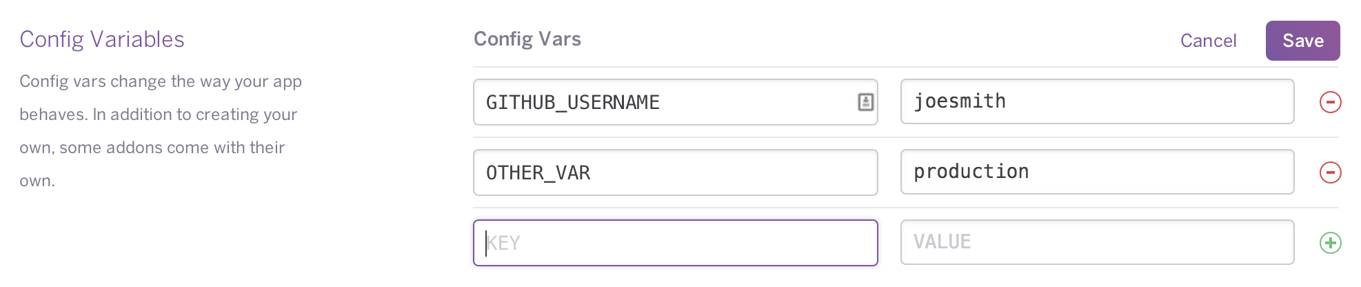 Config Vars v palubní Desce