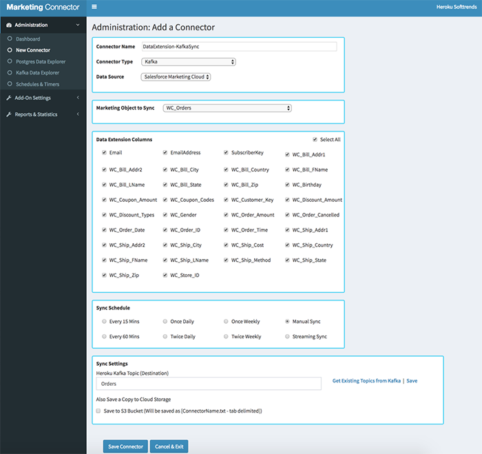 A screenshot of the Add a Connector page for Apache Kafka on Heroku