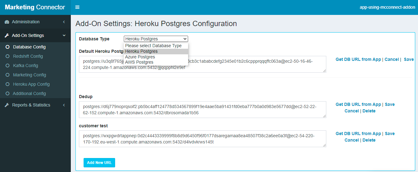 A screenshot showing the available settings for Heroku Postgres configuration including the default connection string.
