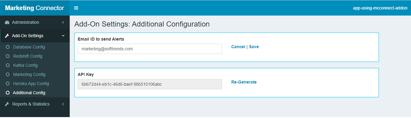 A screenshot of the Additional Configuration page showing a field to configure an email address for alerts, as well as the API Key for the Marketing Connector API.
