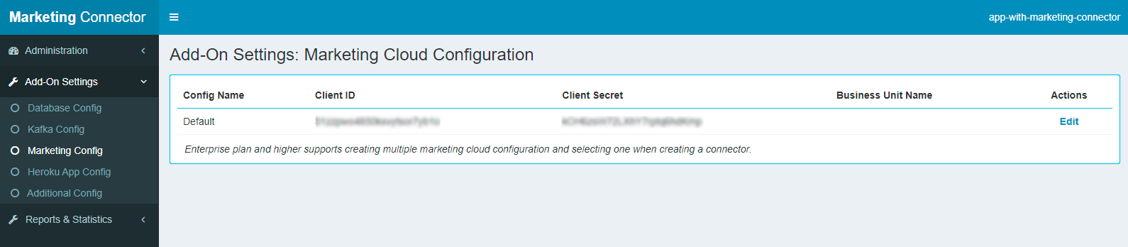 A screenshot of single Marketing Cloud configuration listed with no option to create another Configuration.