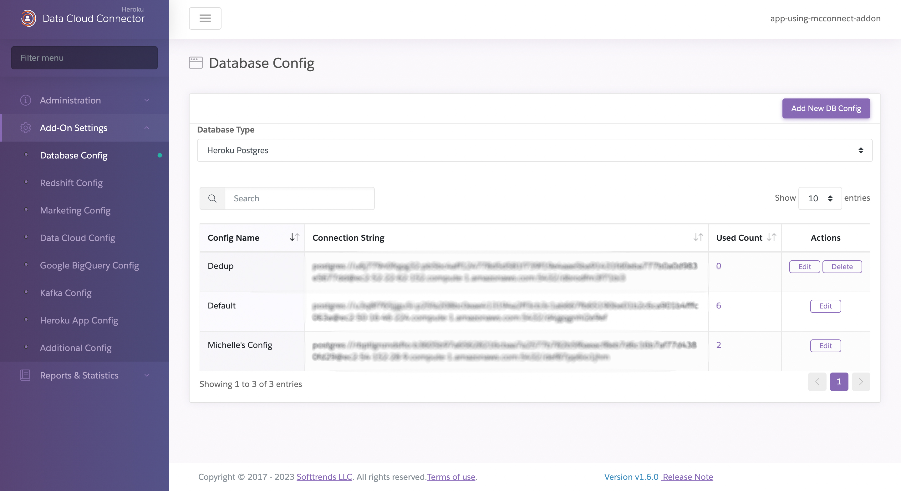 A screenshot displaying existing Heroku Postgres configuration strings for a database configuration.