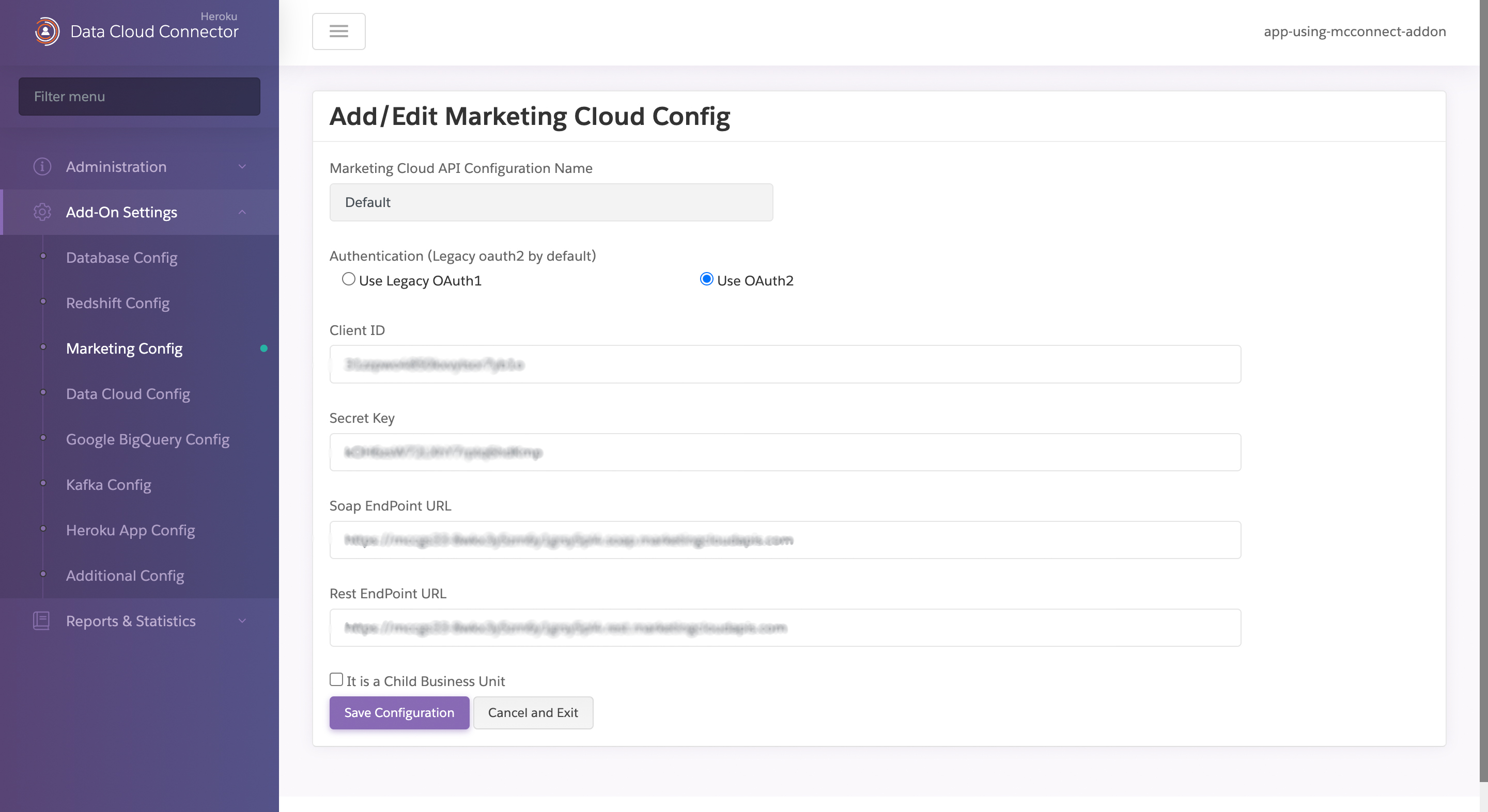 A screenshot of the Marketing Cloud configuration page showing the relevant fields for Marketing Cloud API Configuration.