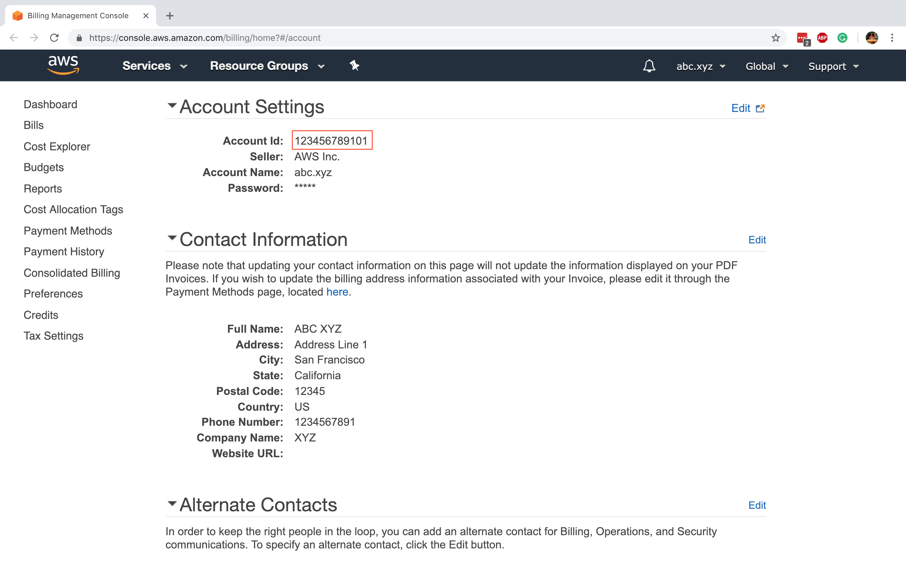 A screen capture of the My Account window of a sample AWS account