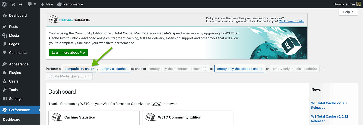 Total Cache screenshot showing the 'compatibility check' button